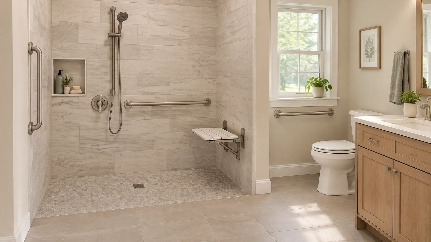 Illustration of a bathroom with a walk-in shower, grab bars, shower seat, and comfort-height toilet for safety education.