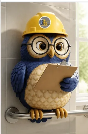 SAGE reviewing a home-safety checklist while perched on a bathroom grab bar